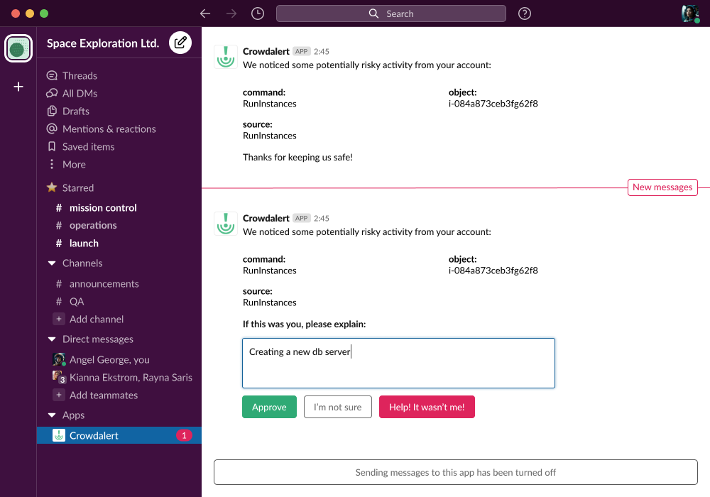 Screenshot of Slack application window showing the Crowdalert bot notifying a user that it has noticed some potenitally risky activity and requesting user input for an explanation.